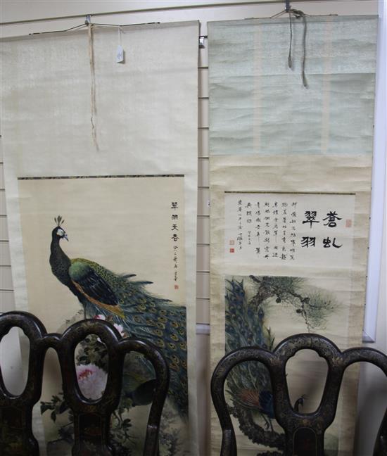 Two Chinese scroll paintings of peacocks, late Qing dynasty,